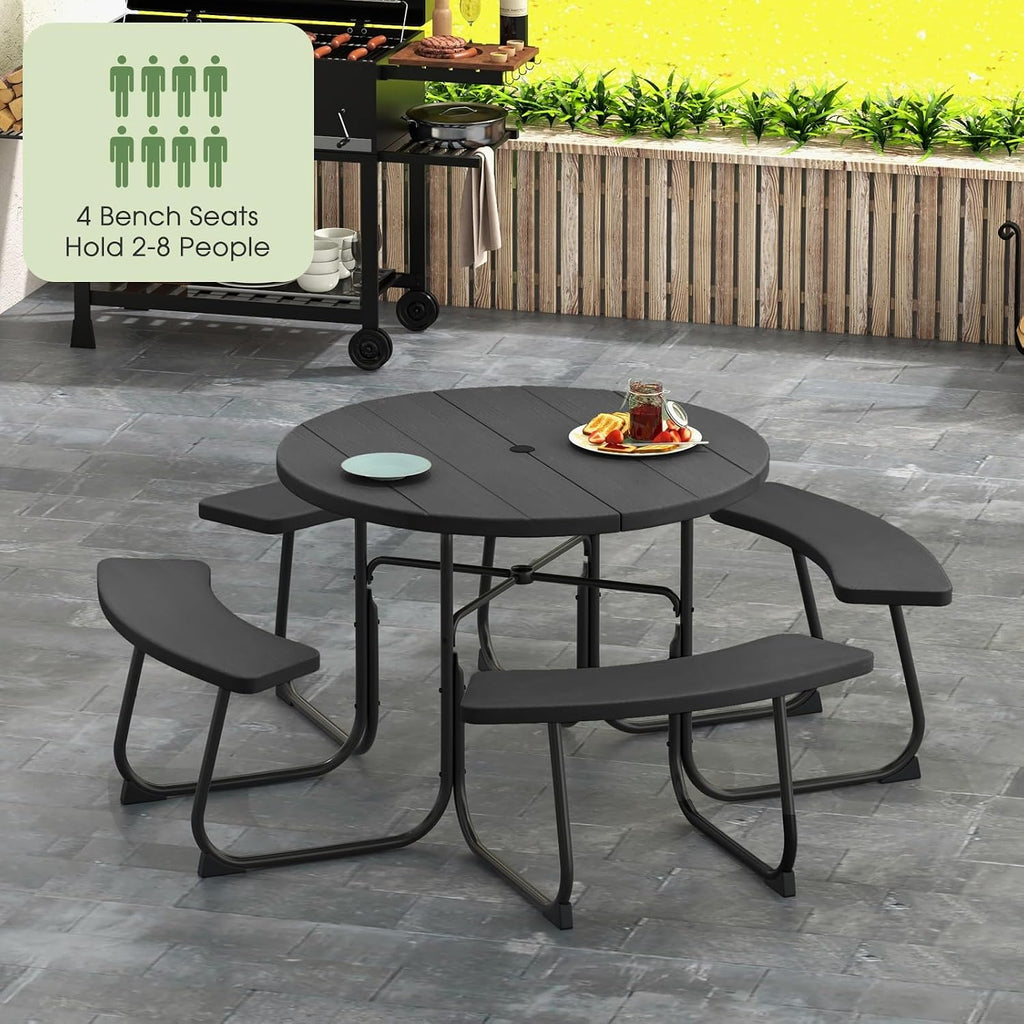 Giantex Picnic Table Set for Up to 8 Persons, Round Outdoor Table and Bench Set with Umbrella Hole, HDPE Top & Metal Frame, 2000LBS Capacity, Patio Table Bench for Deck Backyard Garden (Black)