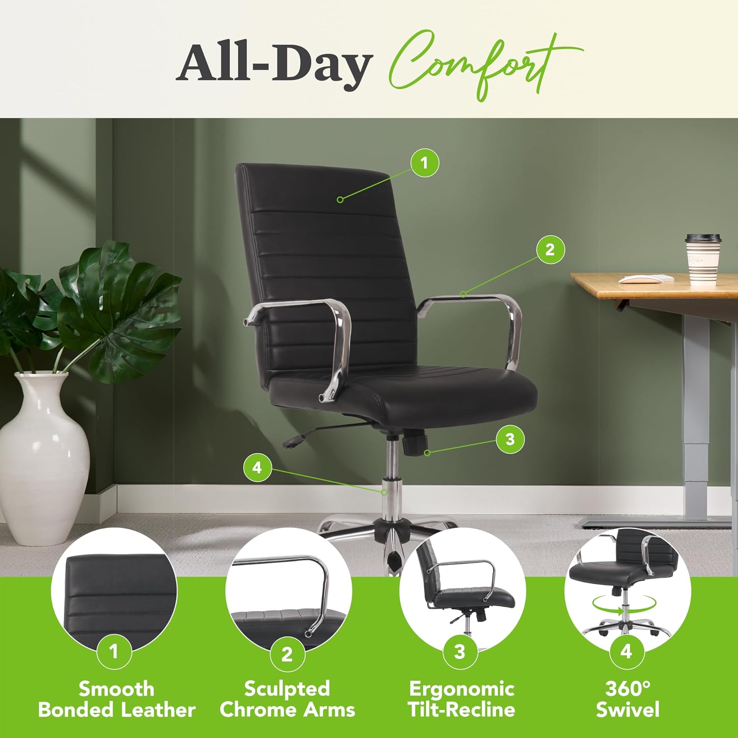 HON Sadie Executive Chair, Ergonomic Leather Office Chair with Chrome Arms and Back Support, for Computers, Desks, Home Offices, 360 Swivel, Black