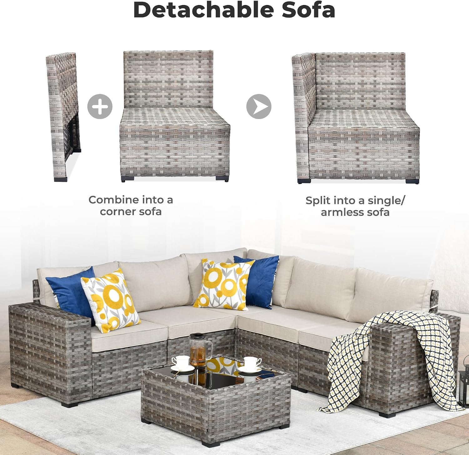 ovios 6 Pieces Patio Furniture Set, Outdoor Wicker Sectional Sofa with Coffee Table Comfy Cushions, Modern Modular Deep Seat Couch Rattan Conversation Set, Beige