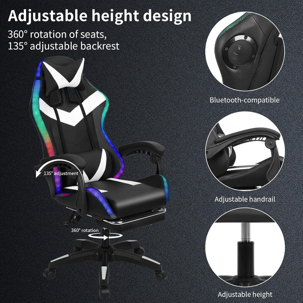 Gaming Chair with Bluetooth Speakers ＆ LED Lights, Ergonomic Massage Computer Chair Height Adjustable, Video Game Chair with 360° Swivel Seat and Headrest, 397LBS Load