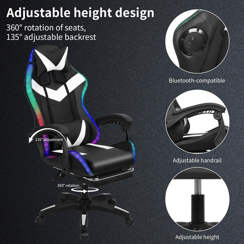 Gaming Chair with Bluetooth Speakers and RGB LED Lights, High Back Video Game Massage Chair 360° Swivel Height Adjustable Recliner with Footrest & Headrest Lumbar Support Pillows (Black & White)