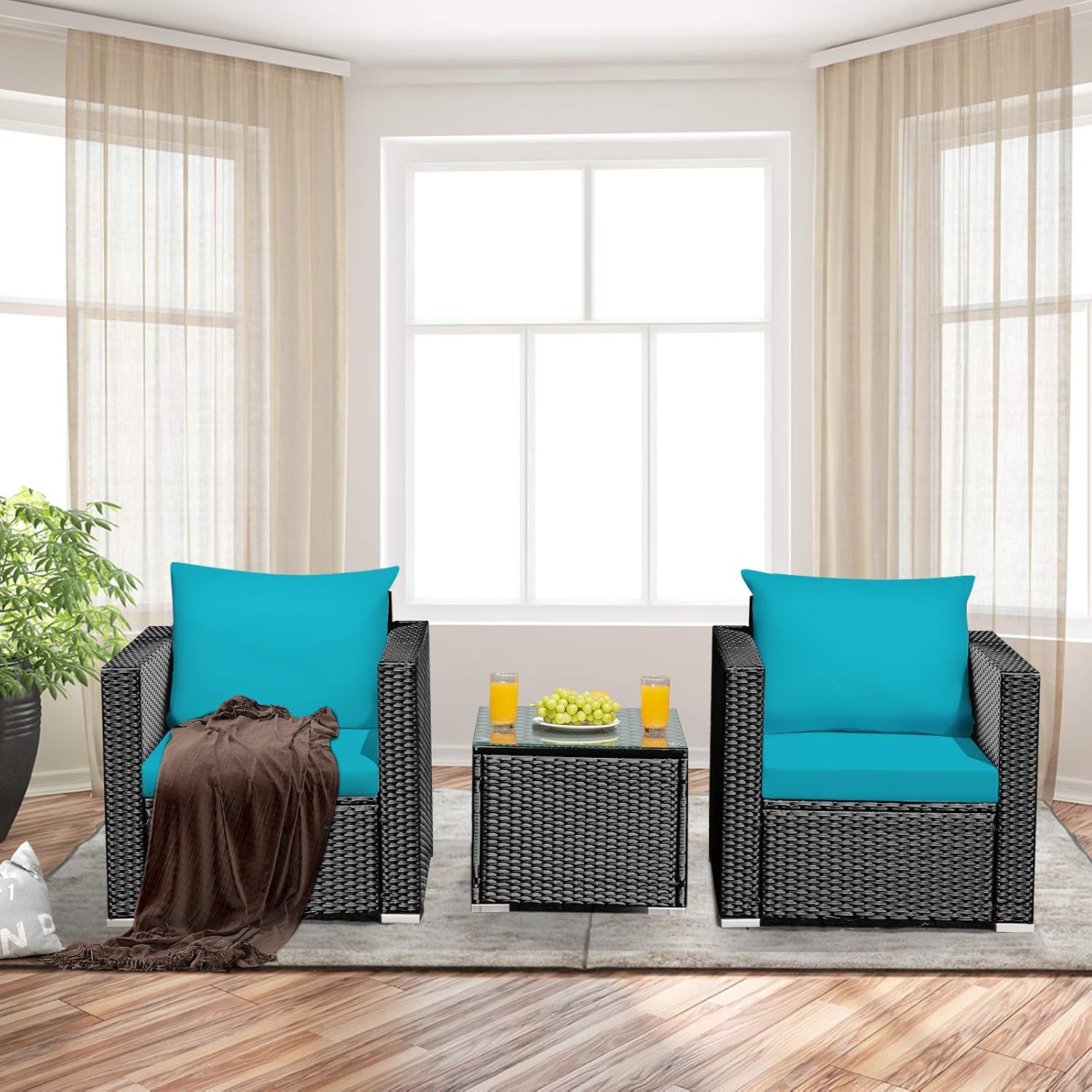 Tangkula 3 Pieces Patio Furniture Set, PE Rattan Wicker Sofa Set w/Washable Cushion Cover and Tempered Glass Tabletop, Outdoor Conversation Furniture for Garden
