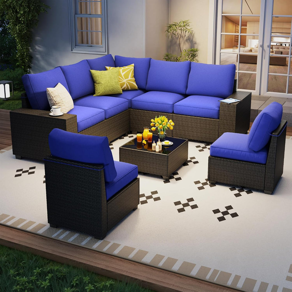 8 Piece Outdoor Patio Furniture Set, Outdoor Sectional Furniture, Rattan & Wicker Modern Modular Conversation Set Sofa Couch W/Water Resistant Washable Thick Cushions and Coffee Table, Coffee/Blue