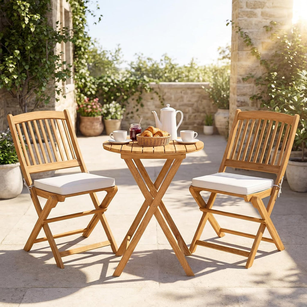 Giantex 3Pcs Patio Bistro Set, Wood Folding Table Set, 2 Cushioned Chairs for Garden Yard, Outdoor Furniture Round Table (Natural & Beige)