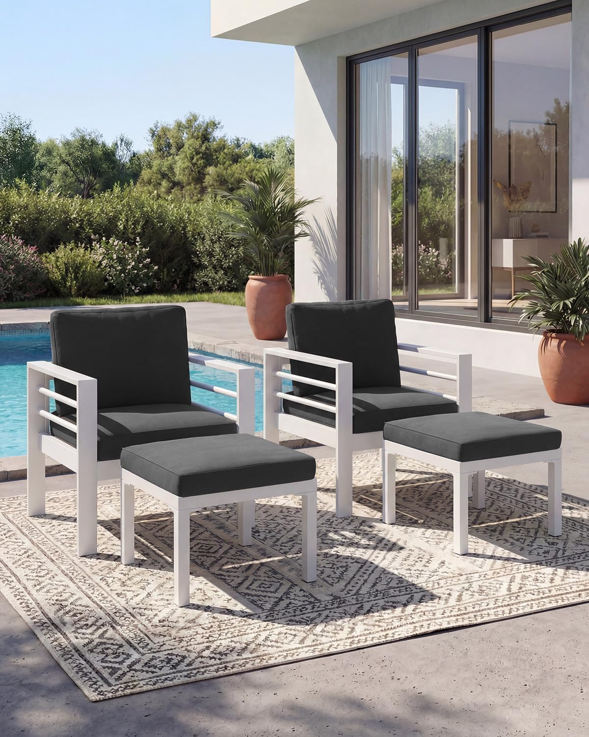AECOJOY Aluminum Patio Furniture Armchair with Ottoman, Set of 2, Modern Outdoor Furniture with Washable 5 inch Thick Cushion, Dark Gray Cushion