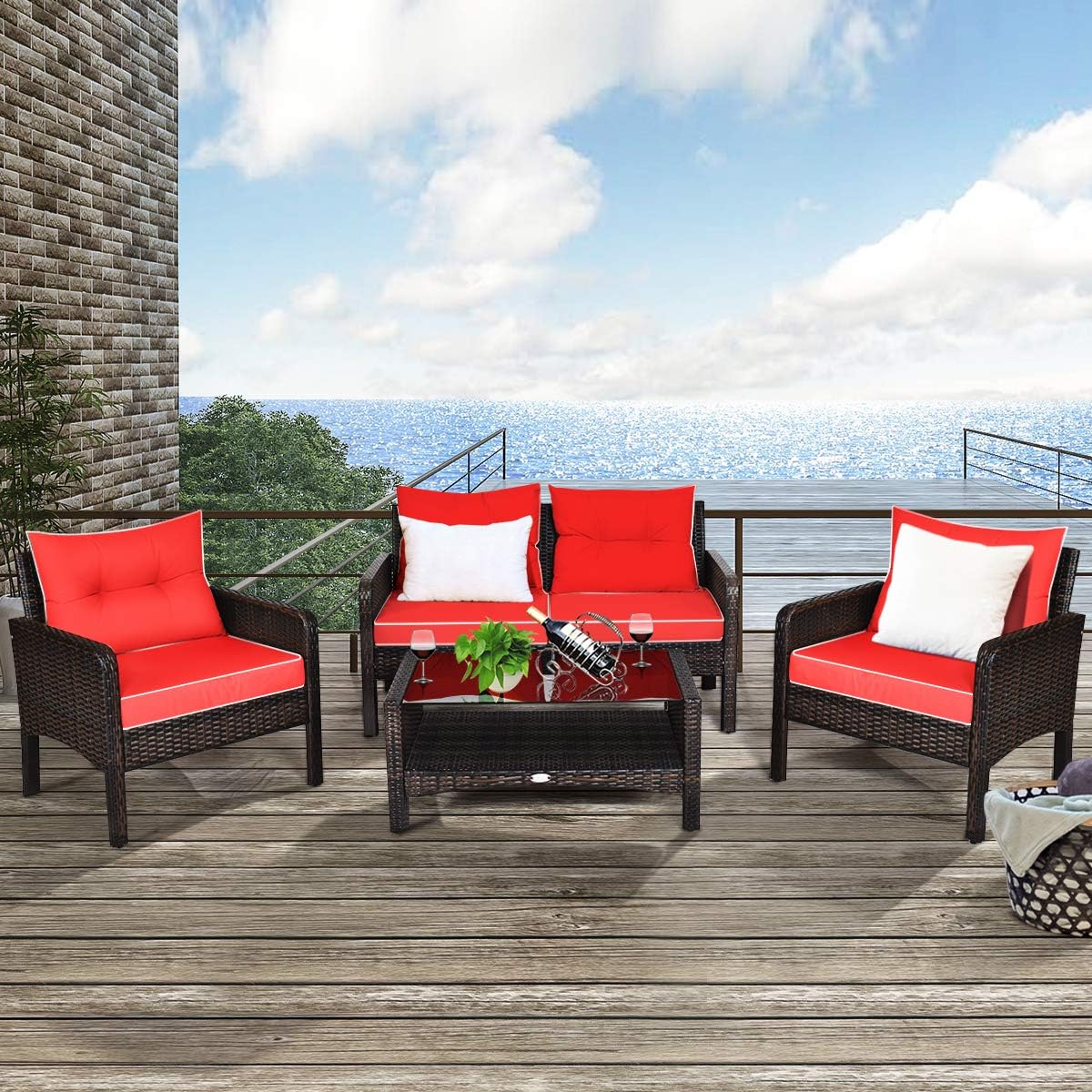 COSTWAY 4-Piece Patio Furniture Set, Sectional Wicker Rattan Sofa Chair with Cushion, Loveseat, Coffee Table with Tempered Glass and Shelf, Outdoor Conversation Sets for Poolside Porch (Red)