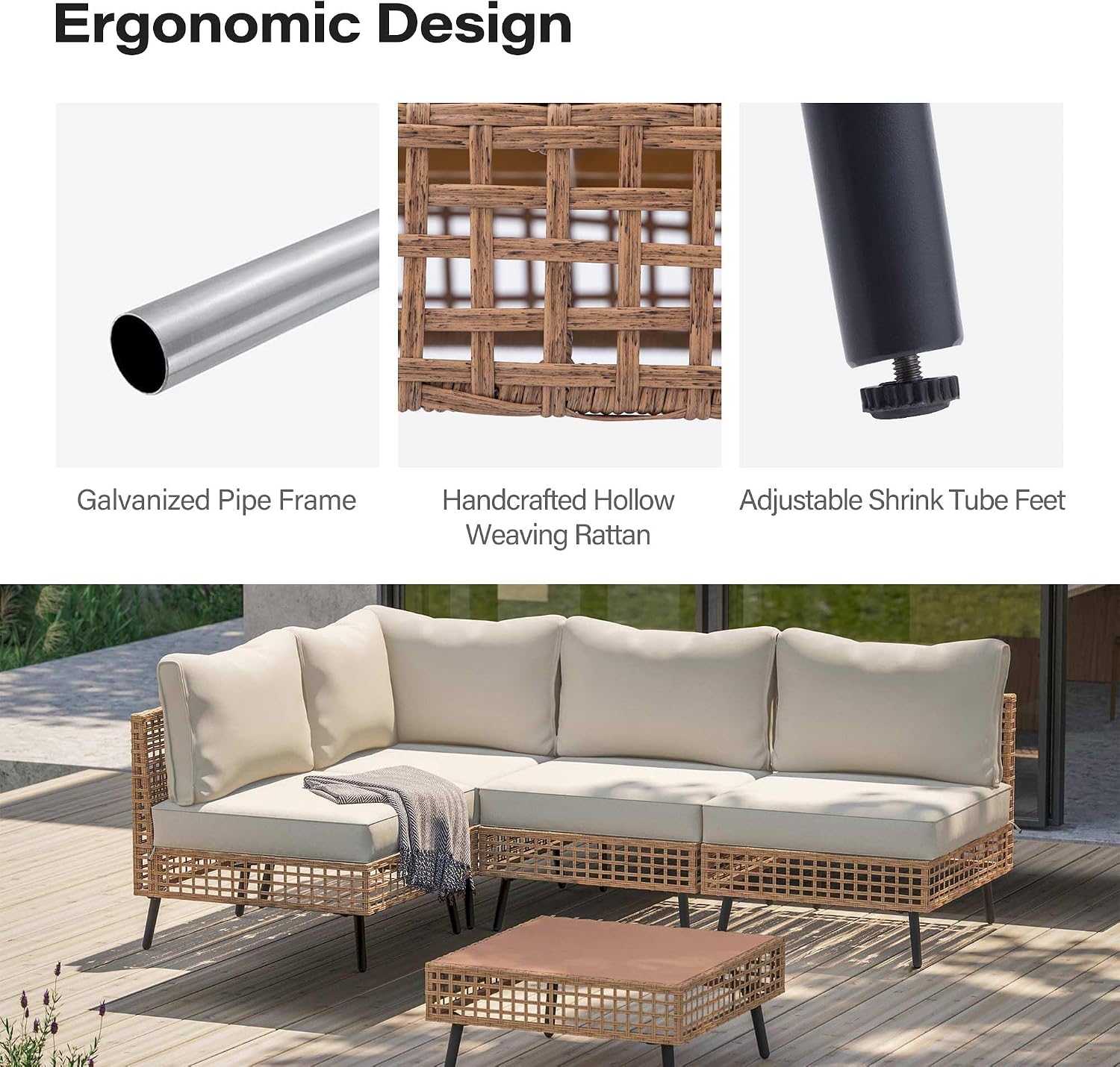 LAUSAINT HOME 5 Pieces Outdoor Sectional Sofa Set, All-Weather PE Wicker Rattan Patio Conversation Set with Thick Cushions & Coffee Table, Patio Furniture Set for Garden, Backyard, Porch (Beige)