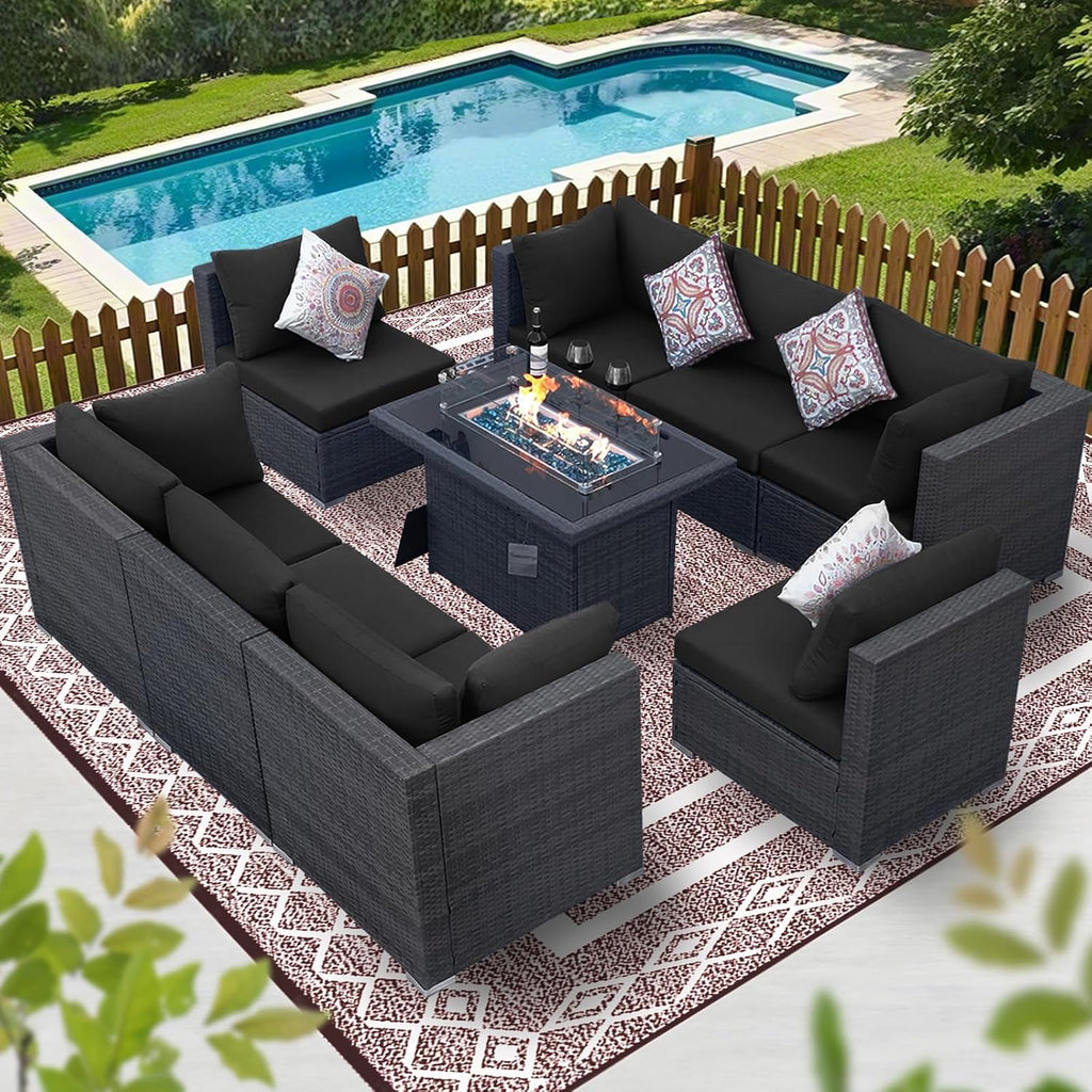 BULEXYARD 9 Piece High Back Outdoor Sectional Seating with Fire Pit Table, Heavy Duty Sturdy Wicker Patio Set Conversation Couch Sofa, Extra Wide Deep Large 8-Person Deck Furniture Set, Grey & Black