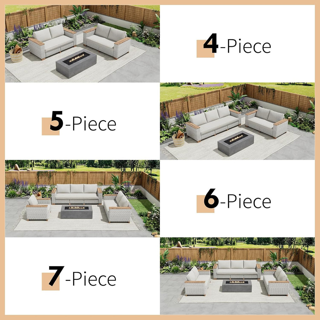 PaPaJet 7-Piece Wicker Patio Furniture Set with Solid Wood Armrest, Outdoor Patio Set with Thick Legs, UV-Resistant Modular Outdoor Sectional Sofa for Backyard, Porch, Garden