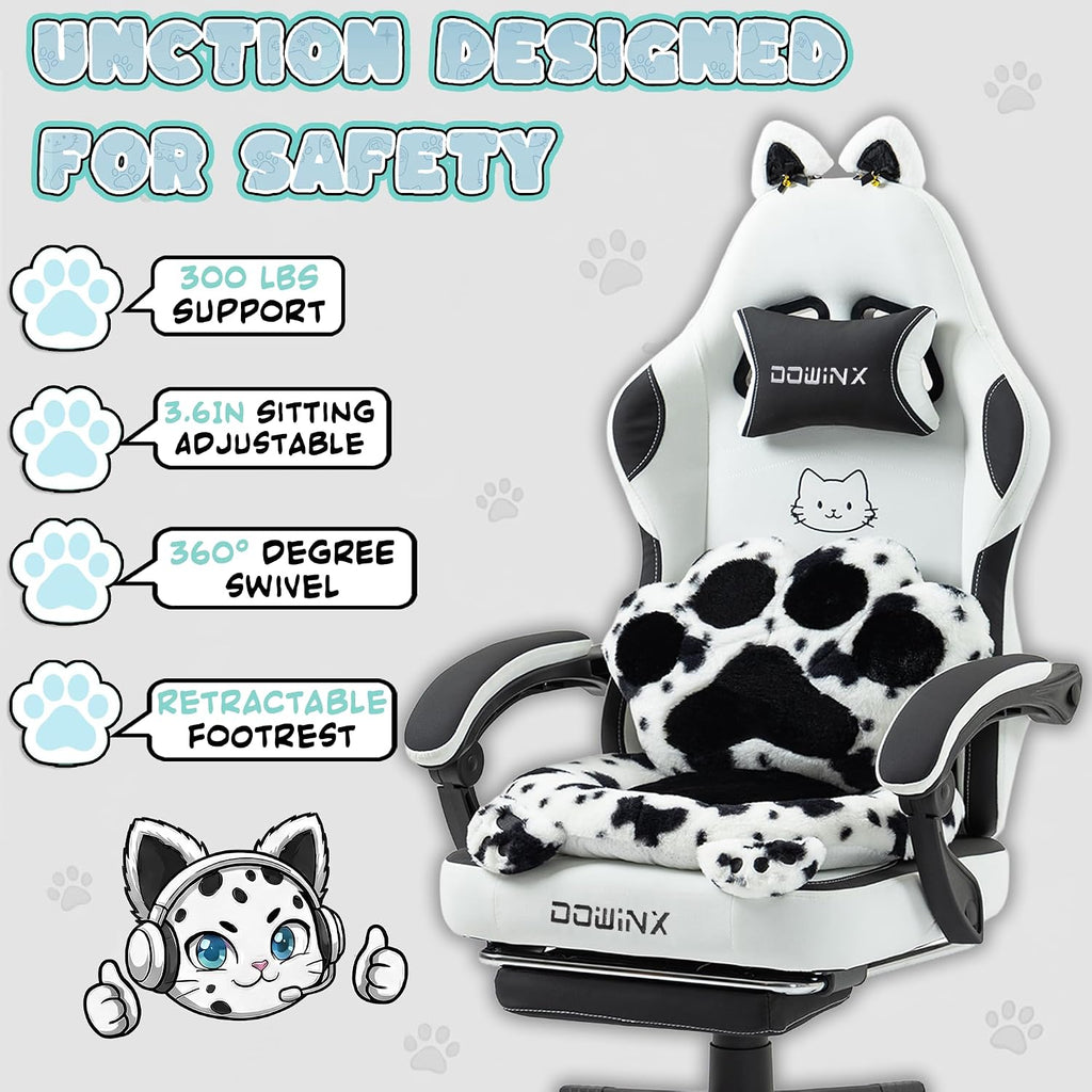 Dowinx Gaming Chair with Cat Ears and Paw Lumbar Pillow, Ergonomic Reclining Chair, Memory Foam and Spring Cushion, Footrest, 300lbs Capacity, Cute and Comfortable Design for Women & Girls