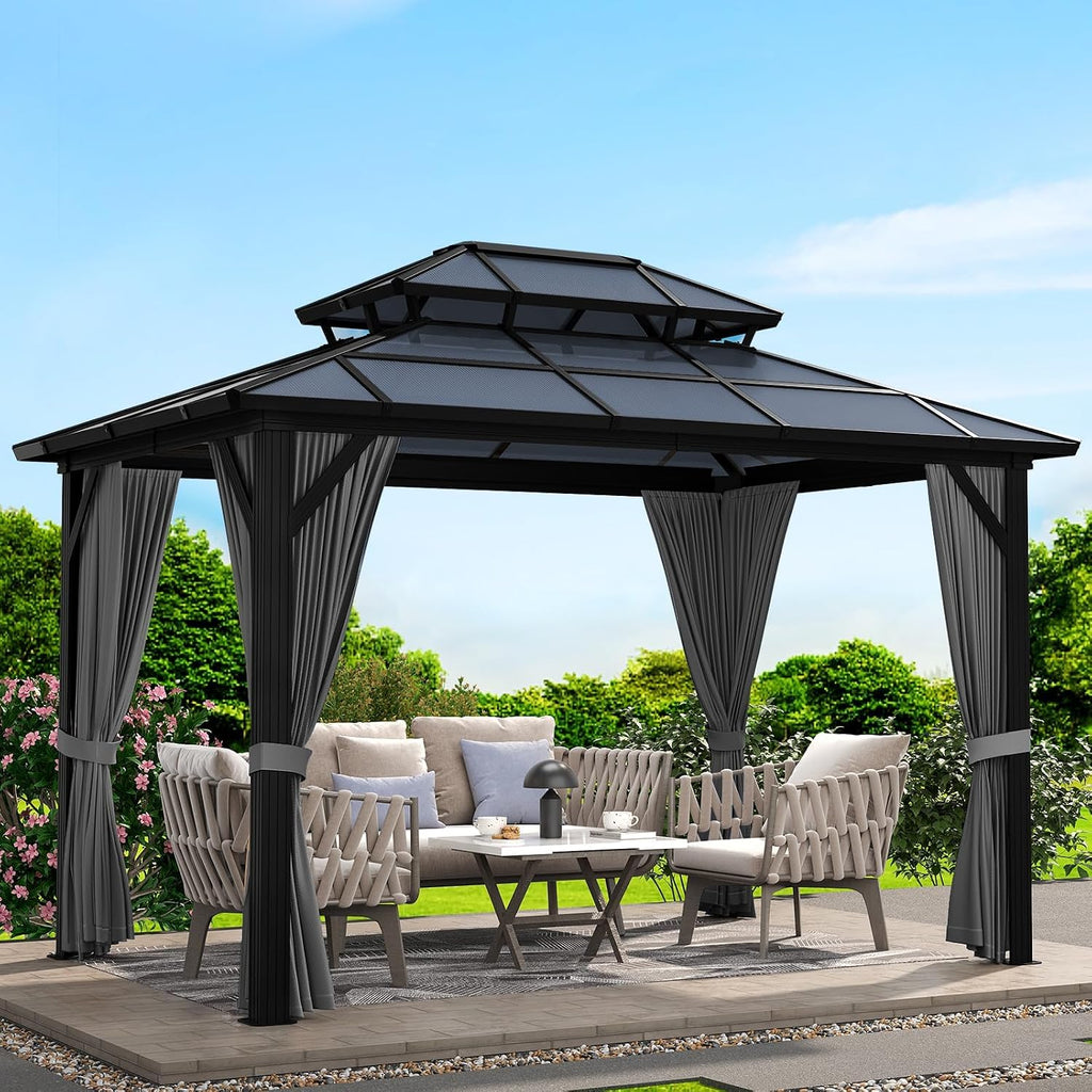 Hardtop Gazebo 10'x12' Double-Layer Polycarbonate Double Roof, Aluminum Frame Pavilion with Privacy Curtains and Netting All-Season for Patio, Garden, Hot Tub & Backyard