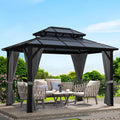 Hardtop Gazebo 10'x12' Double-Layer Polycarbonate Double Roof, Aluminum Frame Pavilion with Privacy Curtains and Netting All-Season for Patio, Garden, Hot Tub & Backyard