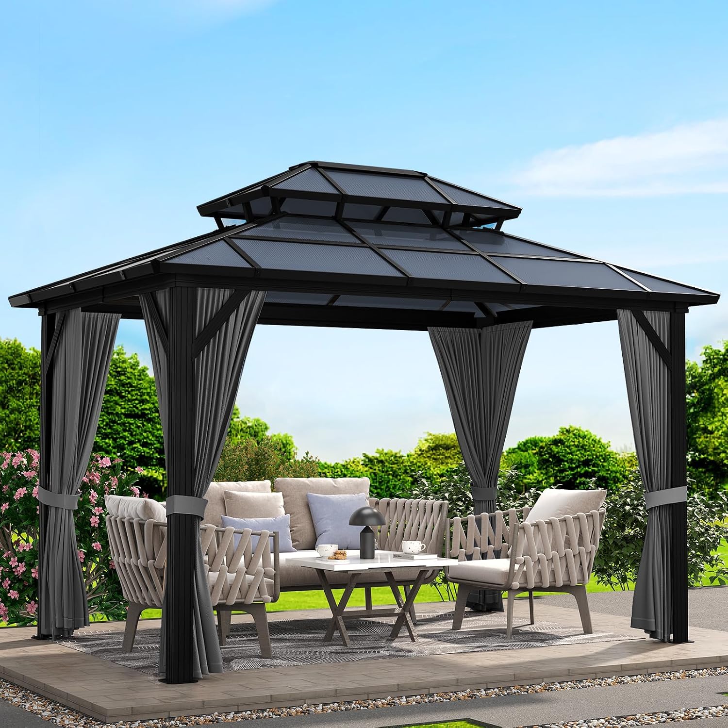 OUTLANE 10'x13' Gazebo, Hardtop Gazebo with Polycarbonate Double Roof, Aluminum Frame Pavilion, Weatherproof UV Protection for Outdoor, Garden, Patio, Lawn