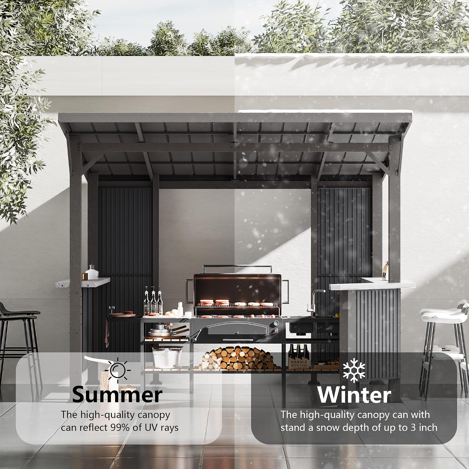 10X10 FT Hardtop BBQ Gazebo, Outdoor Pergola with Multi Shelves, Hardtop Aluminum Grill Gazebo for BBQ with Independent Countertop, Suitable for Patio Backyard