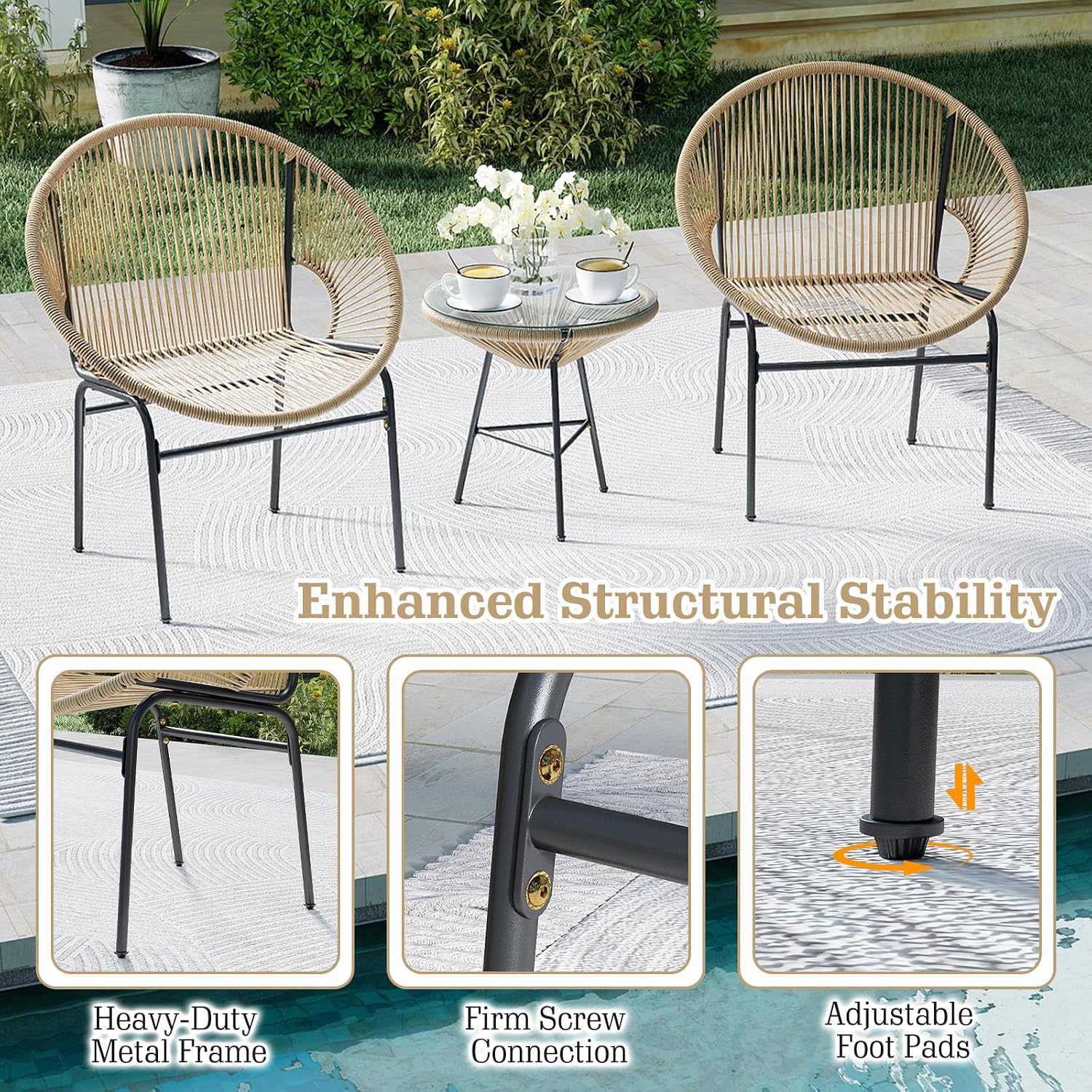 Tangkula 3 Piece Outdoor Patio Furniture Set, Acapulco Chair Set w/Plastic Rope, Tempered Glass Table, All Weather Patio Bistro Set for Patio, Lawn, Garden, Backyard (Brown)