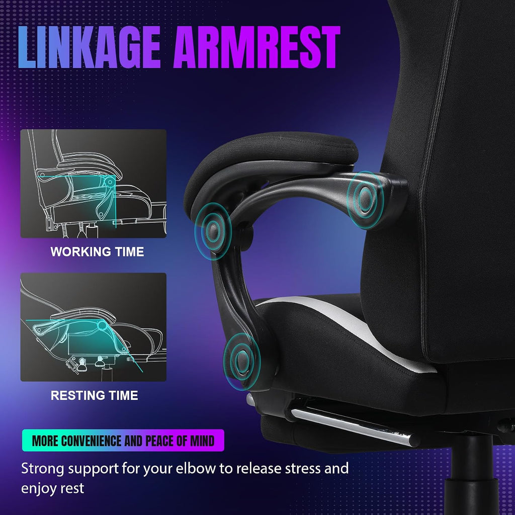 GTPLAYER RGB Gaming Chair with Footrest, LED Lights, Ergonomic Computer Chair with Linkage Armrest, Breathable Fabric for Home Office Desk - Video Game Chairs for Adults, Standard RGB