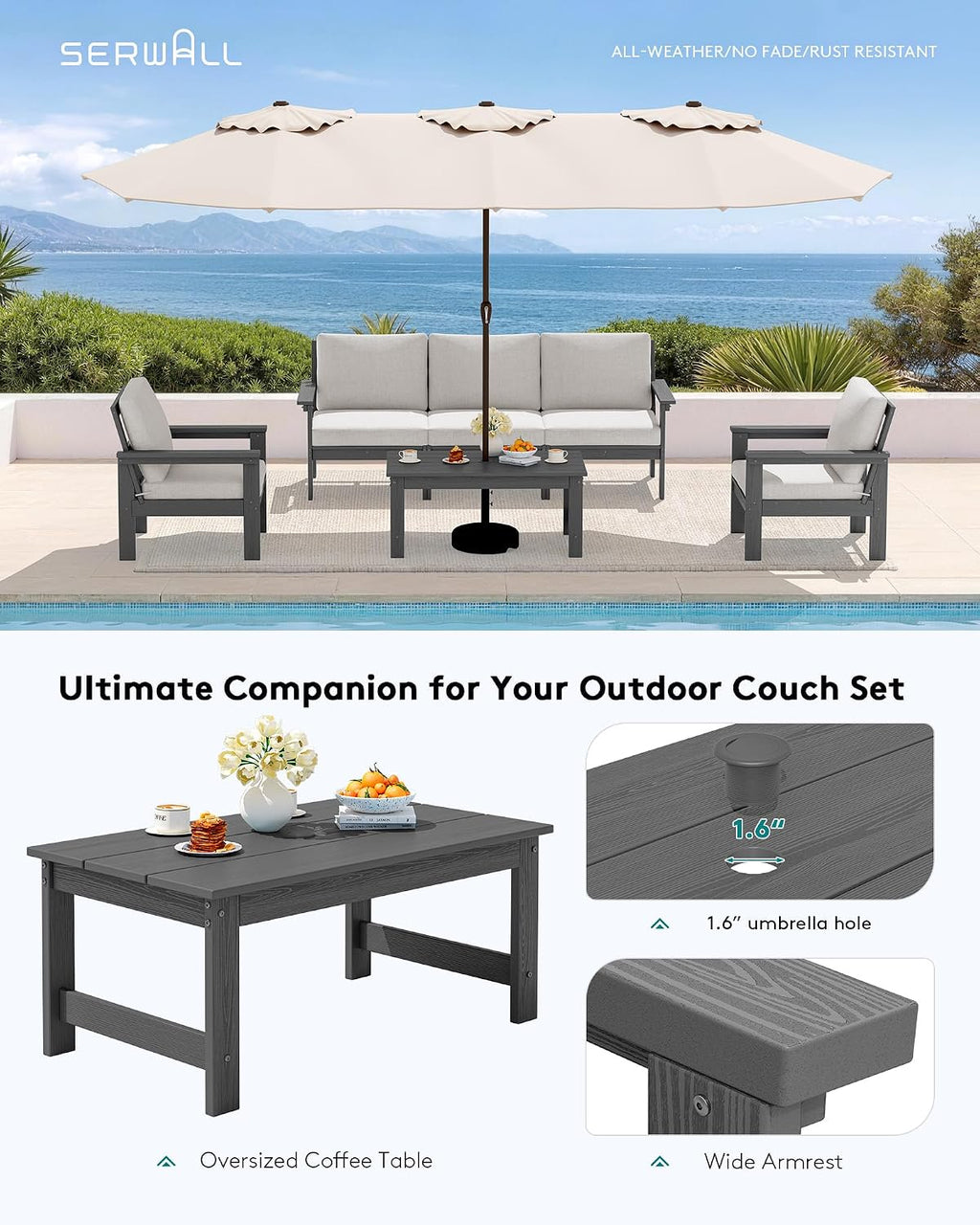 SERWALL HDPE Patio Conversation Set, 6-piece Sectional Outdoor Furniture Set, All Weather Outdoor Couch Set Patio Furniture Set for Deck, Lawn, Grey Frame with Khaki Cushion