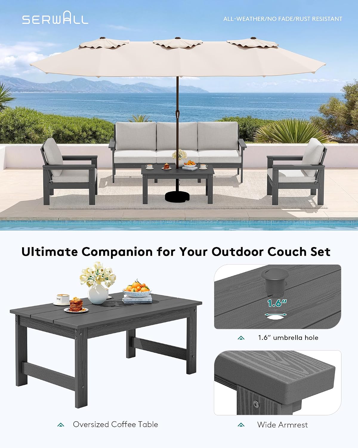 SERWALL HDPE Patio Conversation Set, 6-piece Sectional Outdoor Furniture Set, All Weather Outdoor Couch Set Patio Furniture Set for Deck, Lawn, Grey Frame with Khaki Cushion