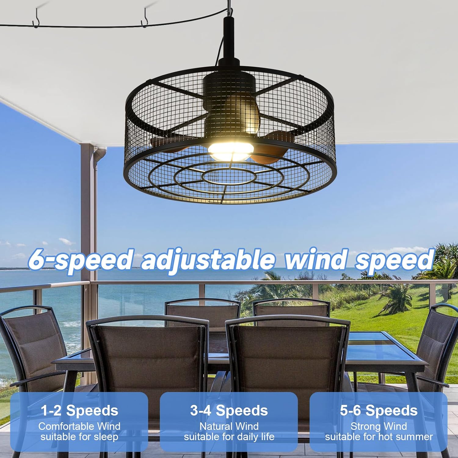ZHENYANGL 18.11' Outdoor Ceiling Fan with Light and Remote LED Black Industrial Caged Ceiling Fan Light Fixture with Hook IP 54 Waterproof Plug in Fan Lights for Patios, Porch, Pergola, Canopy, Gazebo
