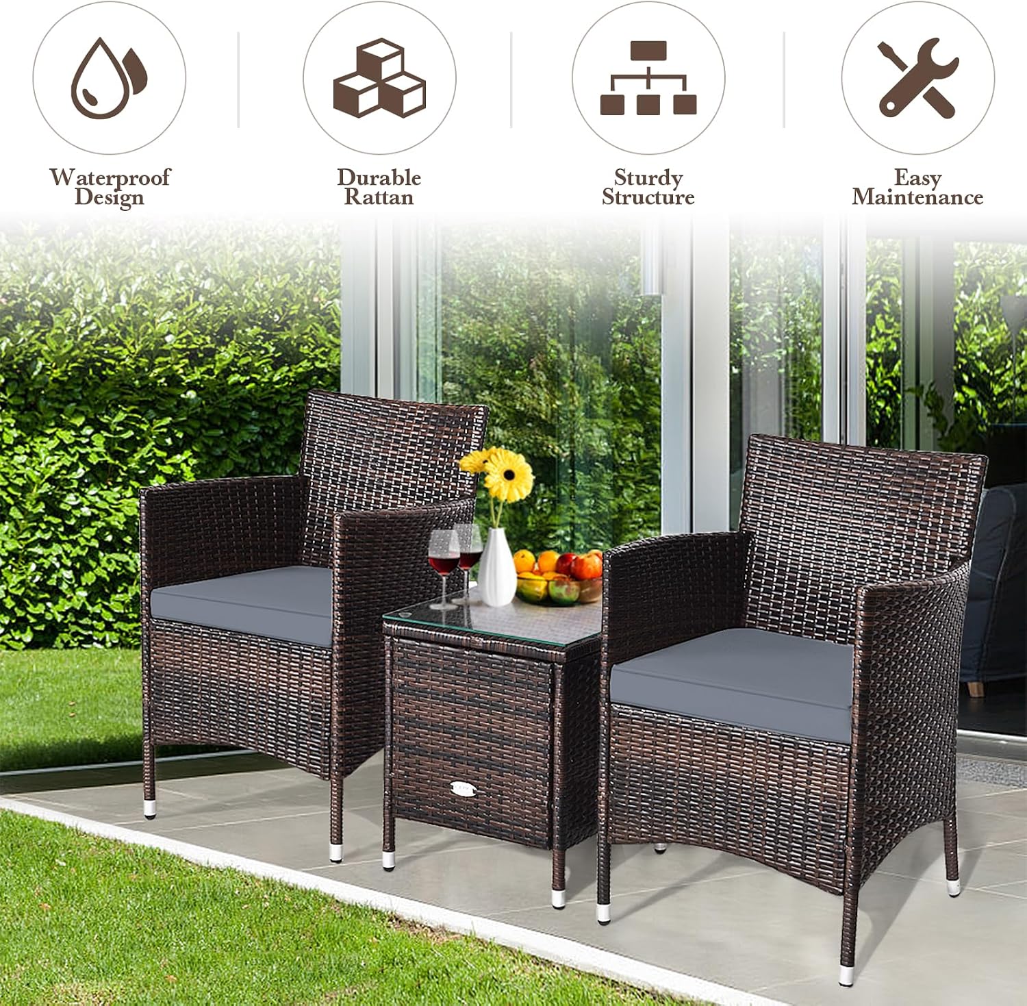 DORTALA Wicker Patio Furniture Set 3 Piece, Small Outdoor Table & Chairs Set with Cushions, All-Weather Rattan Conversation Bistro Set for Balcony, Porch, Backyard, Deck, Grey