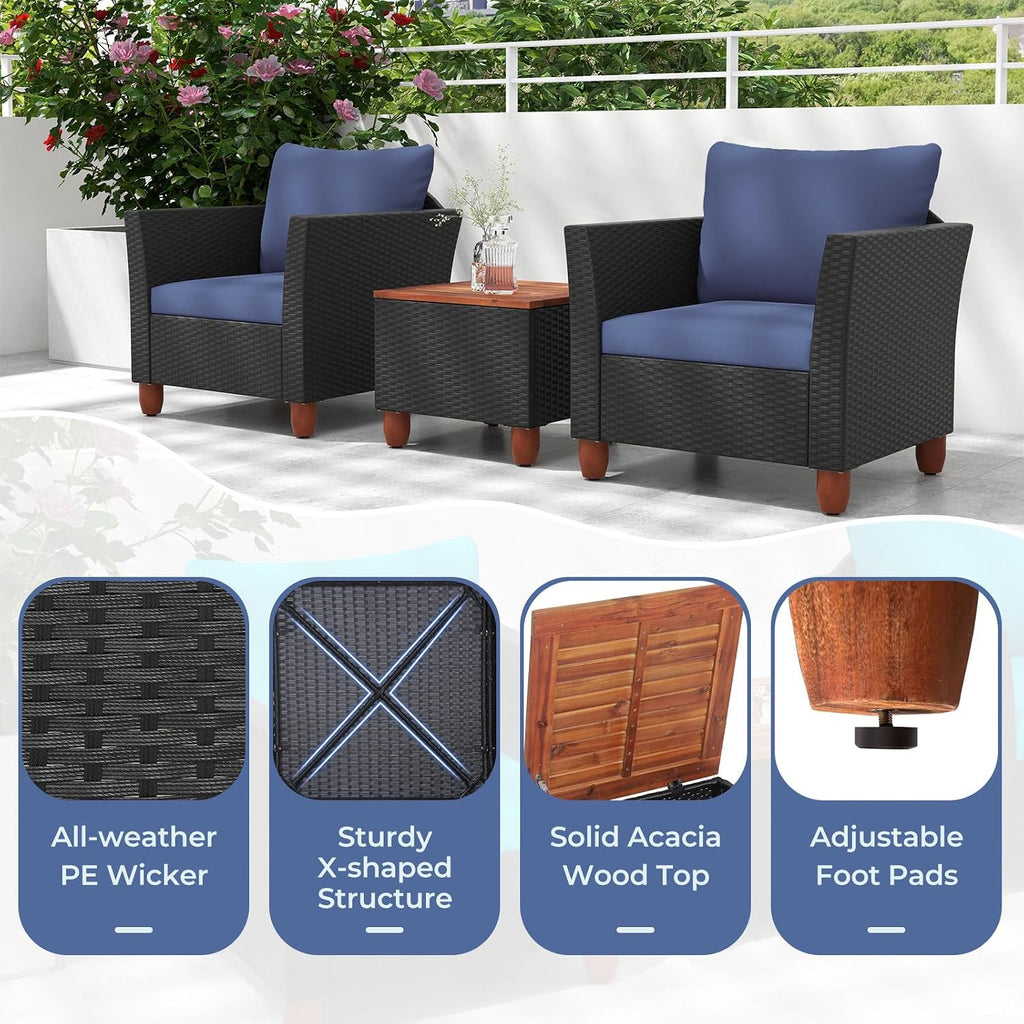 ORALNER 3 Pieces Patio Furniture Set, Outdoor Wicker Conversation Chairs with Cushion, Acacia Coffee Table, Rattan Bistro Set for Balcony Garden Backyard Front Porch Poolside (Blue)