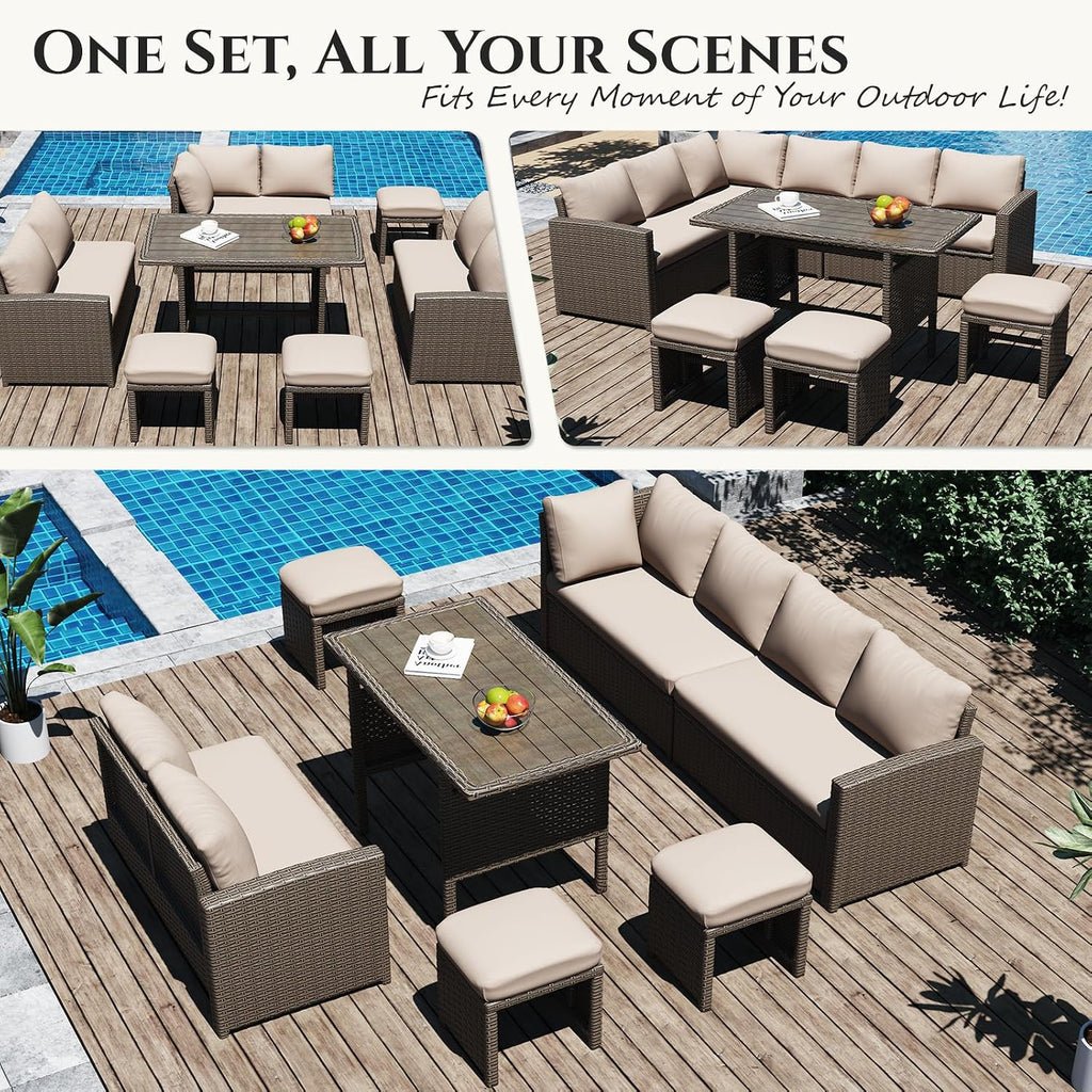 U-MAX 7 Pieces Patio Furniture Set with Waterproof Cover, Outdoor Sectional Sofa Conversation Set, All Weather Wicker Rattan Dining Table & Chair with Ottoman, Brown Rattan&Khaki Cushion