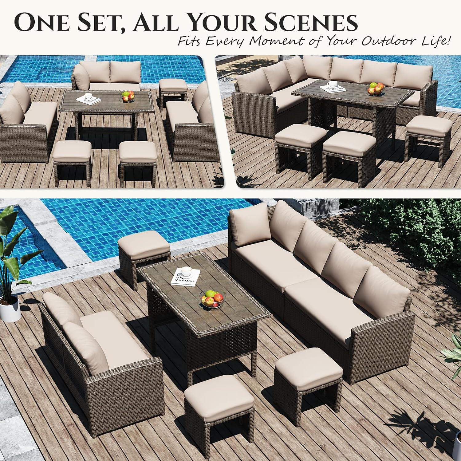 U-MAX 7 Pieces Patio Furniture Set with Waterproof Cover, Outdoor Sectional Sofa Conversation Set, All Weather Wicker Rattan Dining Table & Chair with Ottoman, Brown Rattan&Khaki Cushion