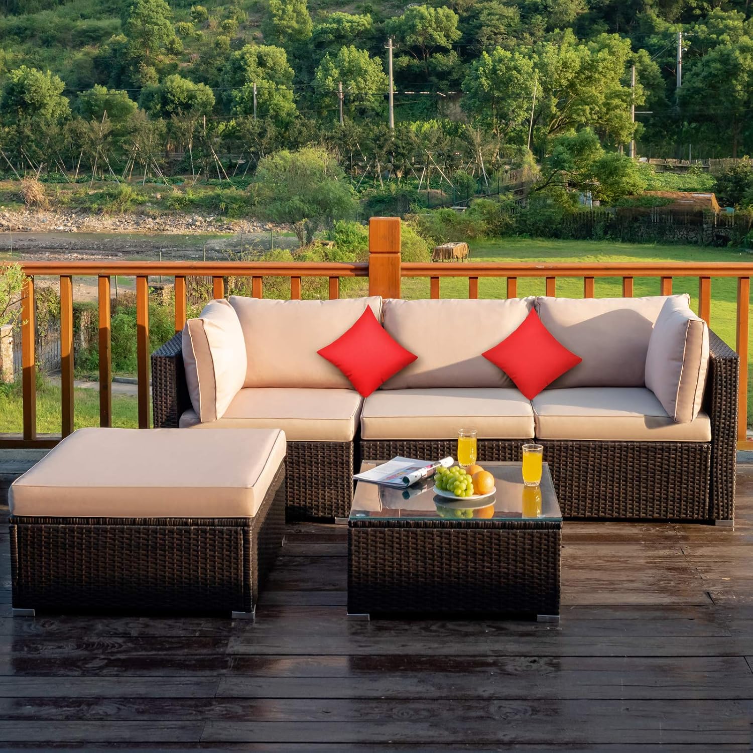 COSTWAY 5-Piece Outdoor Patio Furniture Set, Glass Top Coffee Table and Lounge Sofa with Cushions, PE Rattan Conversation Set for Garden, Deck, Backyard (Beige)