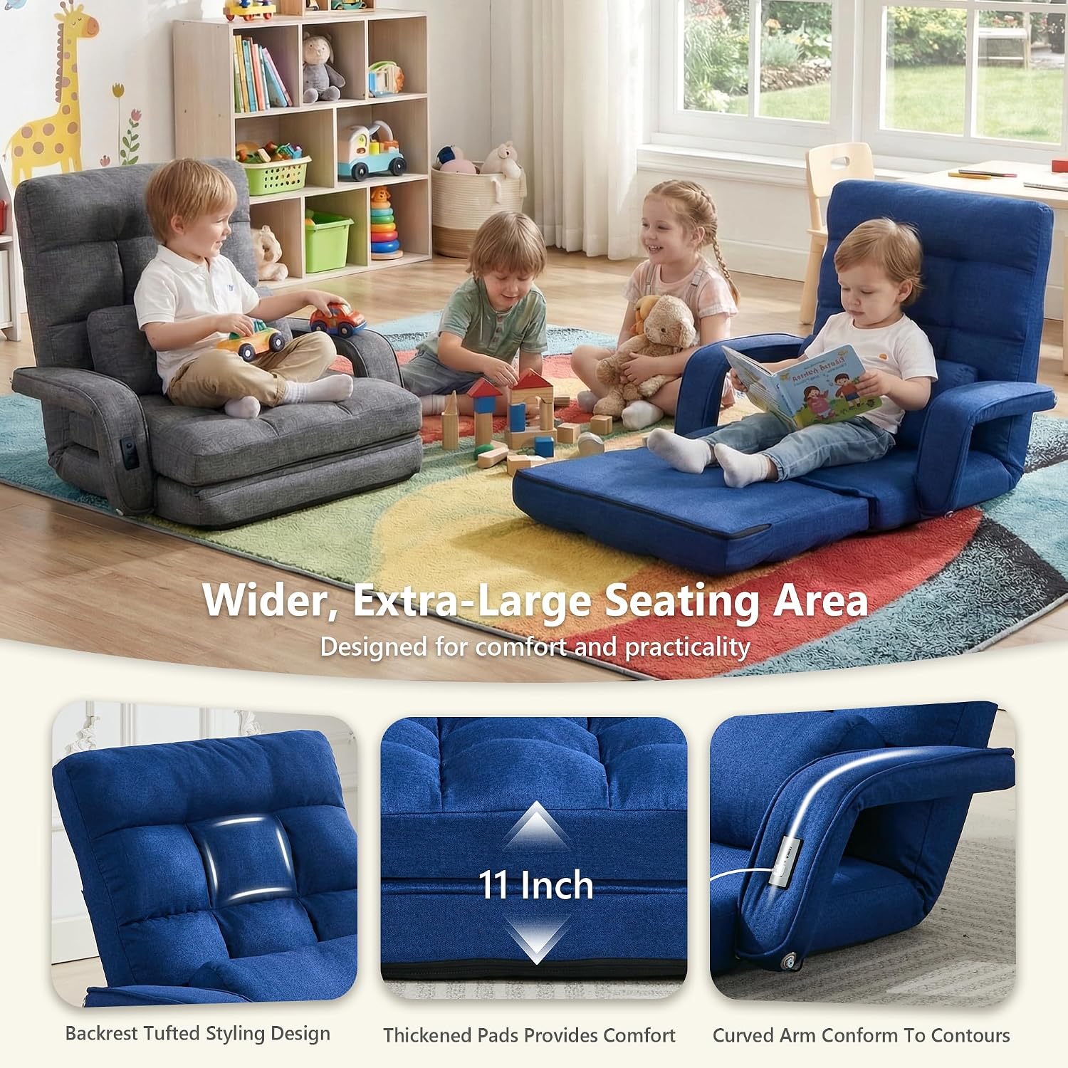 STHOUYN Comfy Bedroom Chair with 2 USB Charging Ports, 5-Position Floor Couch Gaming Chairs for Adults, Lounge Chair Indoor Folding Lazy Sofa Meditation Arm Dorm Chair Living Room (Navy Blue)