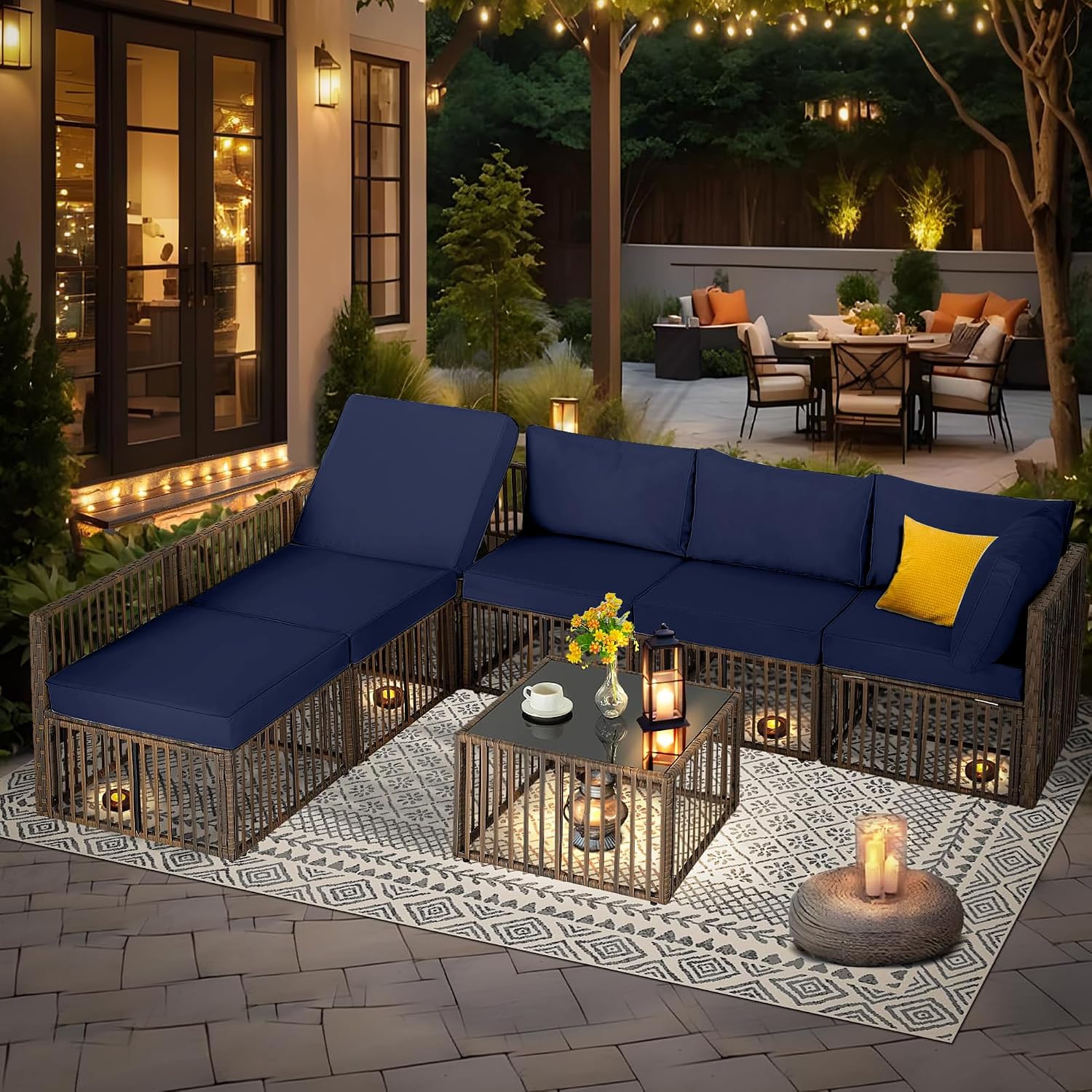 FHFO 7 Piece Patio Furniture Set, Outdoor Wicker Sectional Sofa Conversation Set Couch with Adjustable Backrest, Thick Cushion & Coffee Table for Garden, Porch, Poolside, Brown/Blue