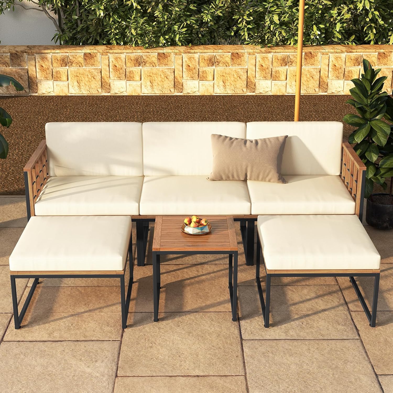 Tangkula 6 Pieces Acacia Wood Patio Furniture Set, Outdoor Sectional Conversation Sofa Set with Cushions, Coffee Table and Ottomans, Metal Frame Patio Sofas for Garden, Poolside, Backyard, Beige