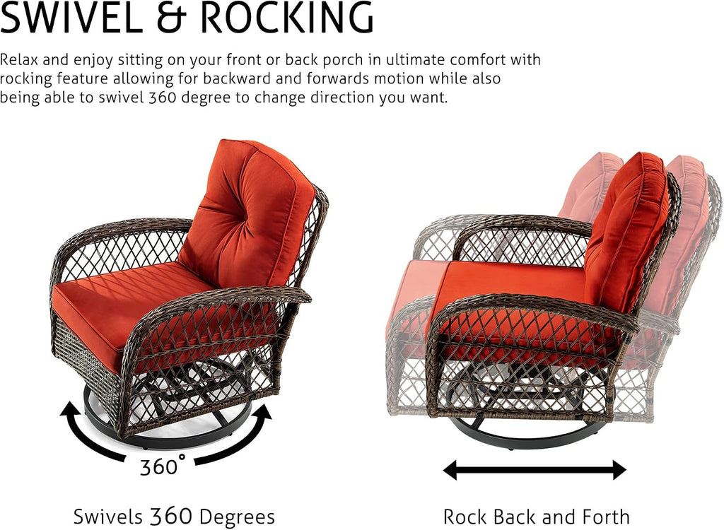 SHA CERLIN 3 Pieces Patio Furniture Set, Outdoor Swivel Glider Rocker, Wicker Patio Bistro Set with Rocking Chair, Cushions and Table (Red)