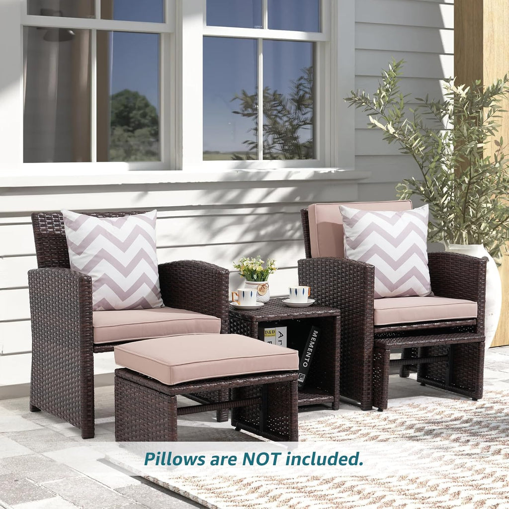OC Orange-Casual 5 Pcs Patio Conversation Set Balcony Furniture Set with Cushions, Brown Wicker Chair with Ottoman, Storage Table for Backyard, Garden, Porch, Beige