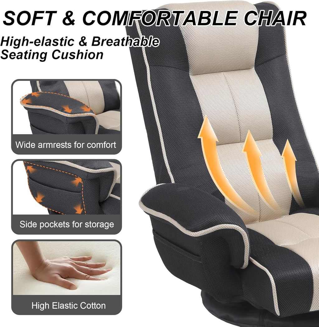 Swivel Floor Chairs for Adults, Floor Gaming Chair with Extra Wide Arms, Back Support 14 Angles Adjustable Comfortable Double Mesh Fabric Lazy Sofa for Video Game Chairs 201 (Grey + Beige)