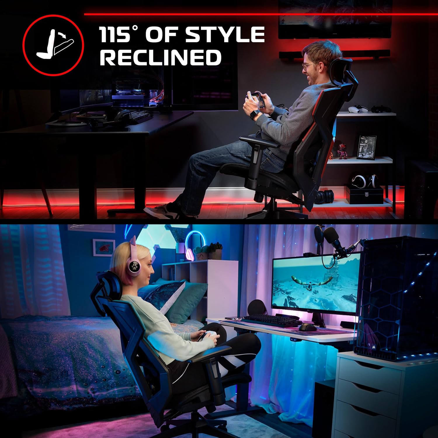 RESPAWN FLEXX Ergonomic Office and Gaming Chair with Lumbar Support - Breathable Mesh Recliner with Headrest & Adjustable Arms, Comfy Home Office Desk Chairs, Reclining Gaming Seat for Adults - Black
