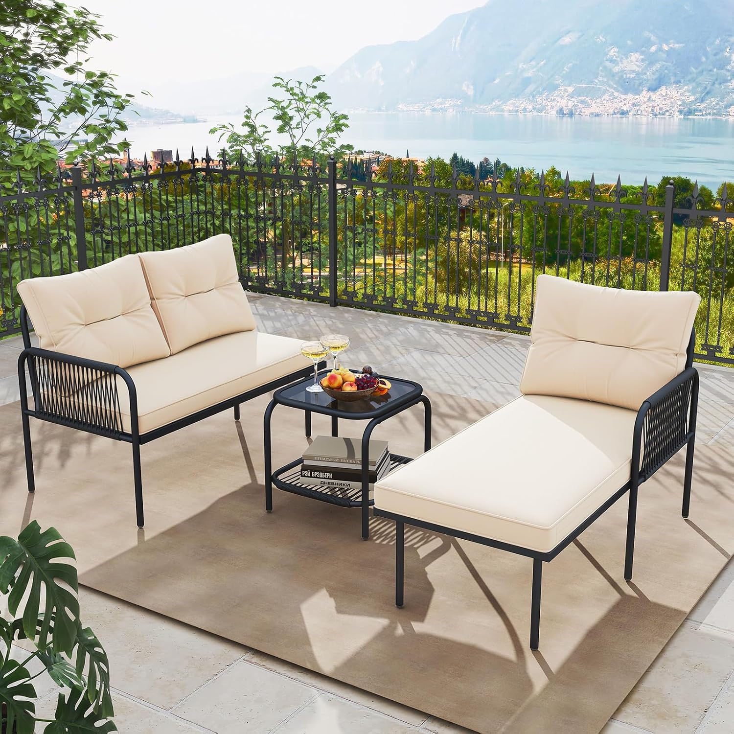 Tangkula 3-Piece L Shaped Patio Furniture Set, PE Rattan Sectional Sofas with Tempered Glass Table, Back and Seat Cushions, Outdoor Conversation Set for Porch, Backyard and Poolside