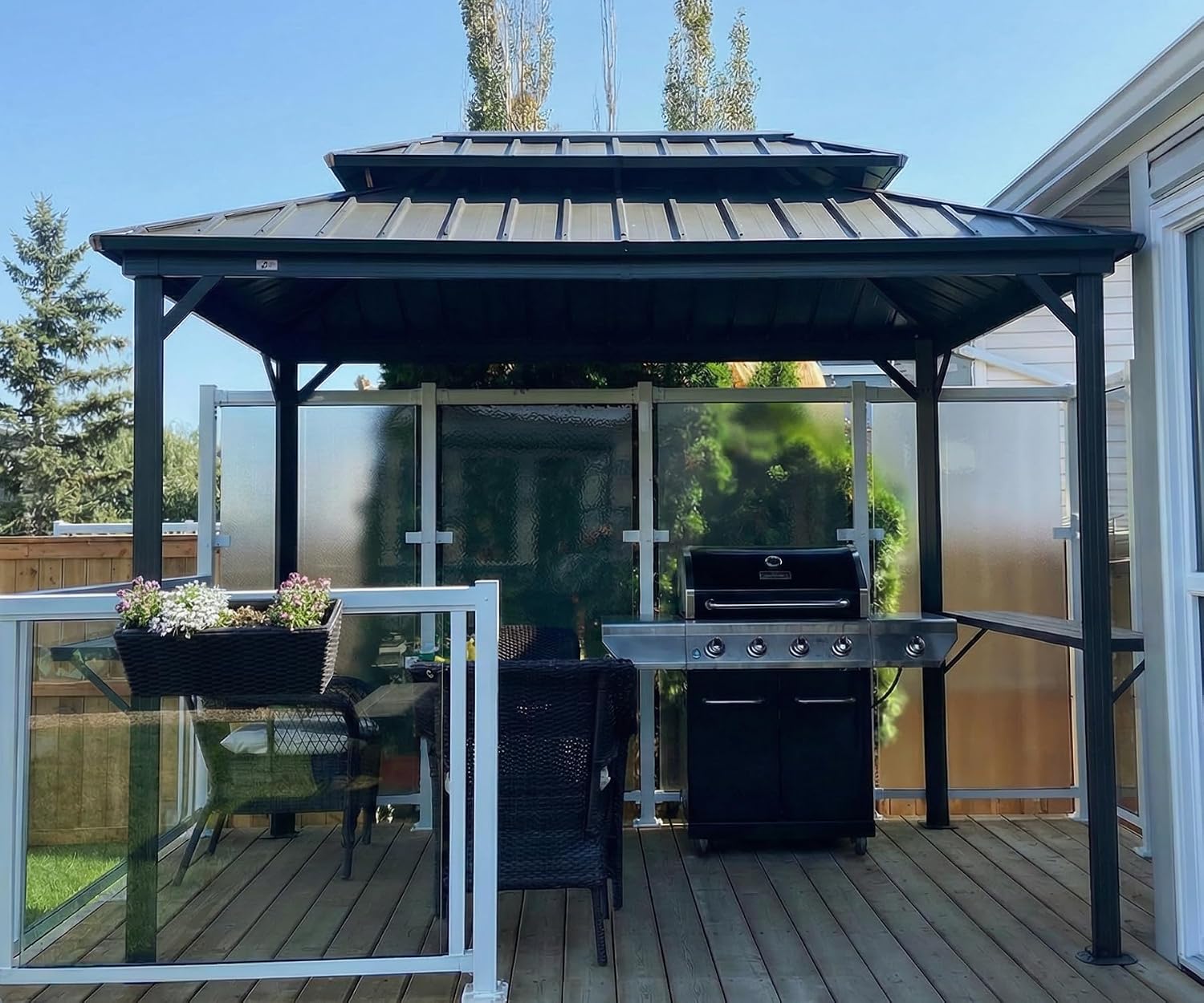 PURPLE LEAF 6.5' X 10' Hardtop Grill Gazebo for Patio Permanent Aluminum Barbeque Shelter Gazebo Canopy with Ceiling Hook and Shelves Double Tiered Grey Outdoor BBQ