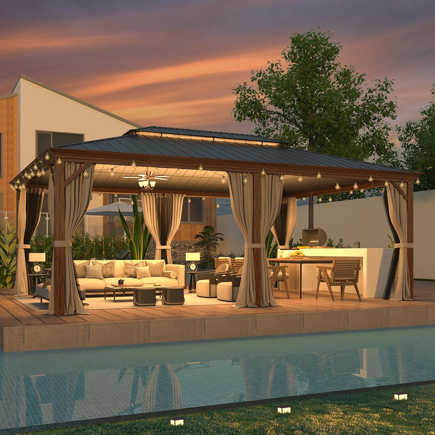 EROMMY 14'x20' Hardtop Gazebo, Wooden Finish Coated Aluminum Frame Outdoor Gazebo with Double Galvanized Steel Roof, Permanent Metal Pavilion with Curtains and Nettings for Patio, Garden, Backyard