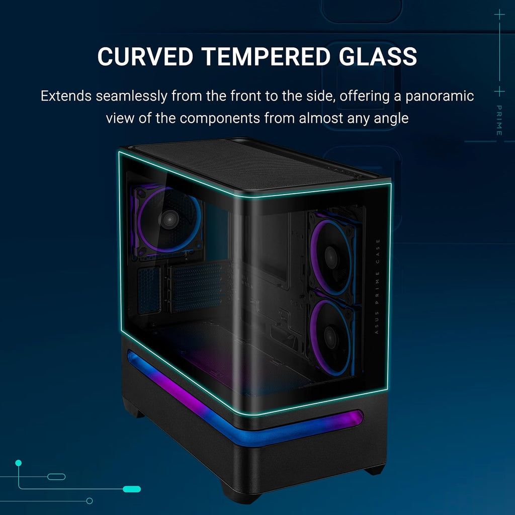 ASUS Prime AP202 ARGB Black mATX pc case with Fully Tempered Curved Glass, Supports Graphics Cards up to 420mm Long, 360mm Long radiators, Easy-Detach Rail, Patented Slot Vent, 3 Built-in ARGB Fans