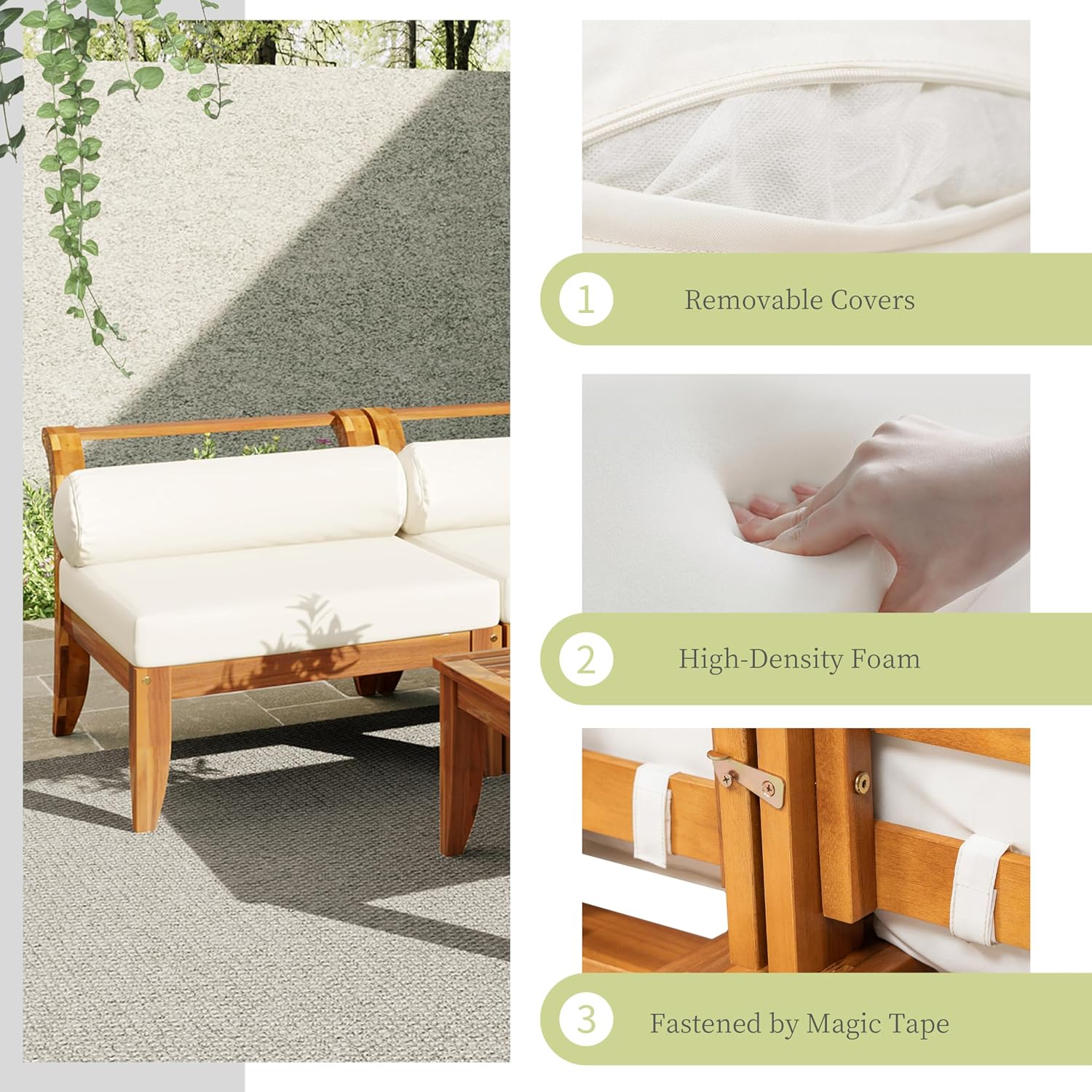 Merax 6 Pieces Patio Furniture Set, Outdoor L-Shaped Sectional Sofa Set with Coffee Table, Acacia Wood Conversation Seating & Cushions and Lumbar Pillows, for Garden, Poolside and Backyard, Teak+Beige