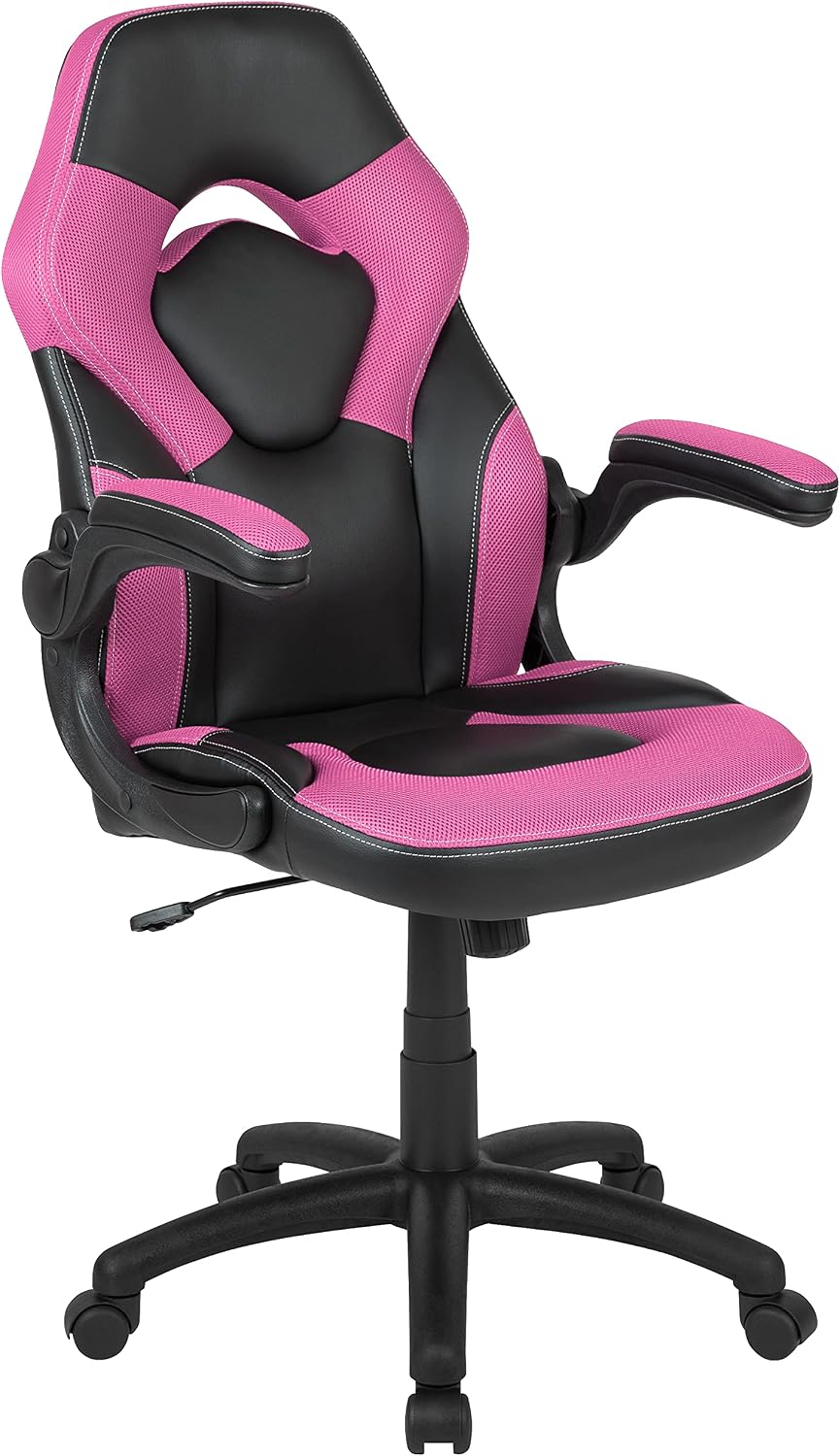 Flash Furniture Gaming Desk and Pink/Black Racing Chair Set/Cup Holder/Headphone Hook/Removable Mouse Pad Top - 2 Wire Management Holes