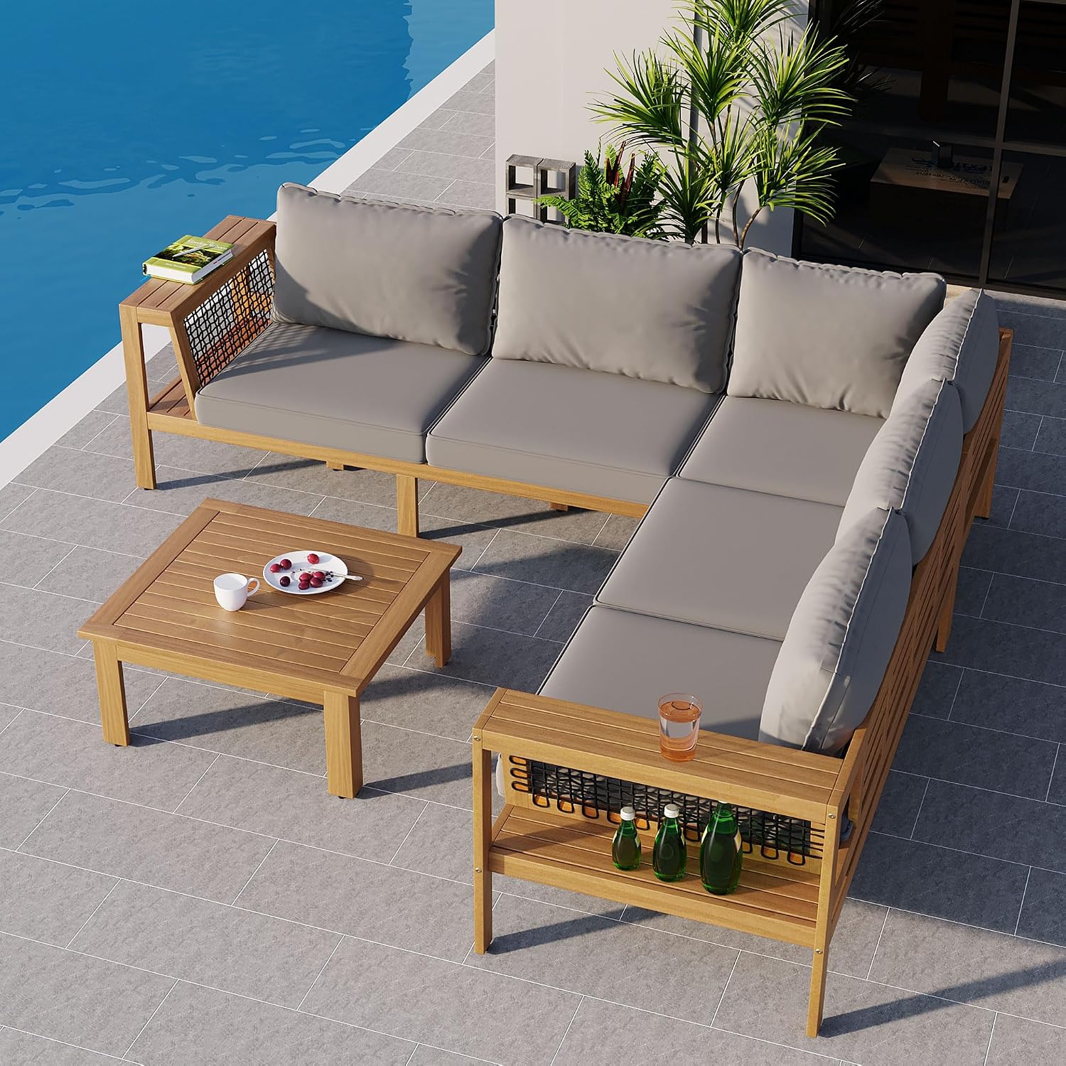 4 Piece Outdoor Patio Furniture Set, L-Shaped Patio Sofa Set with Coffee Table and Woven Mesh Armrests, All-Weather Conversation Seat with Cushions and Side Table (Gray+Natural)
