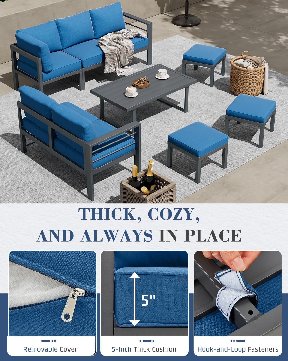 AECOJOY Aluminum Patio Furniture Set, 8 Seats Modern Outdoor Furniture with Adjustable Table, 7 Pieces Metal Conversation Sectional Sofa, Blue