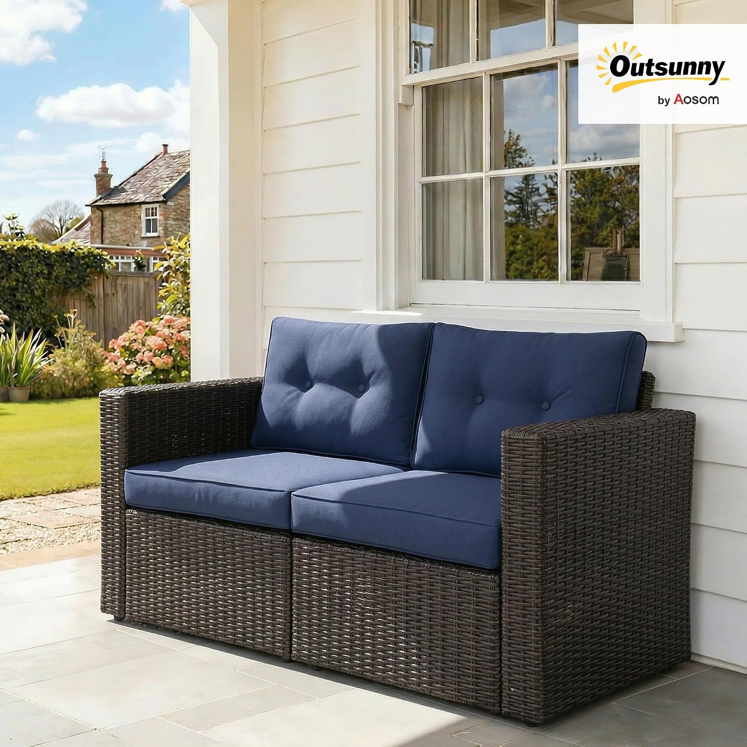 Outsunny 2 Piece Patio Wicker Corner Sofa Set, Outdoor PE Rattan Furniture, with Curved Armrests and Padded Cushions for Balcony, Garden, or Lawn, Dark Blue
