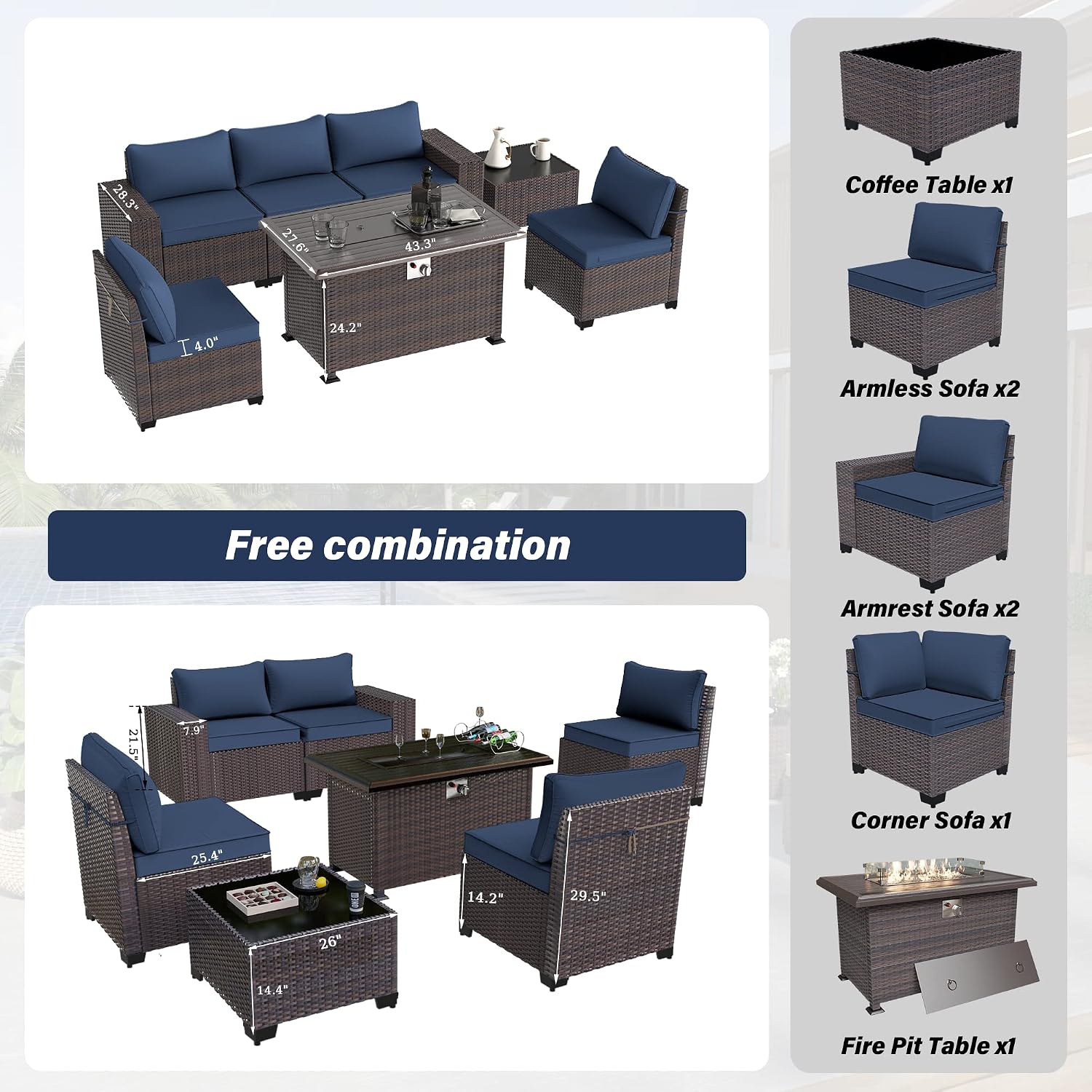 Kurapika 7 Pieces Patio Furniture Set, Rattan Outdoor Conversation Sets w/43in Propane Fire Pit Table and 4 Inch Cushion(Navy Blue)