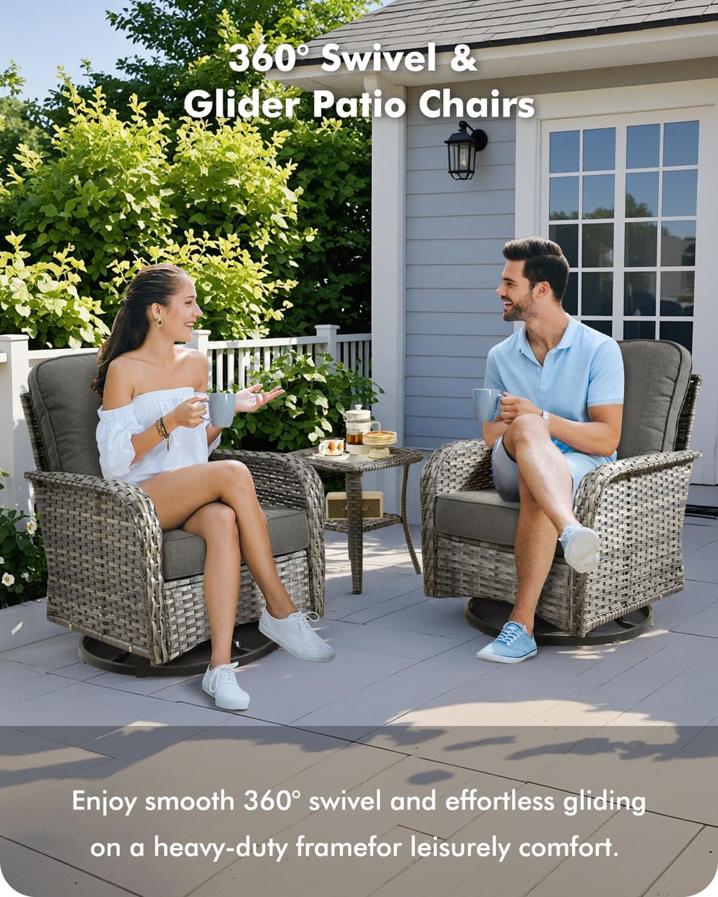CAODOC 3-Piece Swivel Rocking Rattan Chair Outdoor, Patio Bistro Furniture Conversation Set, Wicker Chair with Coffee Table Black