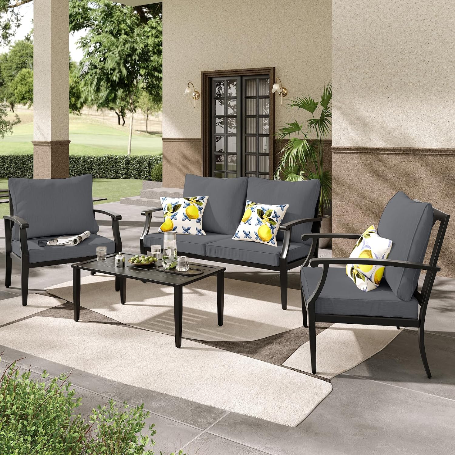 JOYURE 4 Pieces Patio Furniture Set w/loveseat,Coffe Table,Outdoor Conversation Metal Sofa with High Back and Thick Cushion,for Backyard,Garden,Grey