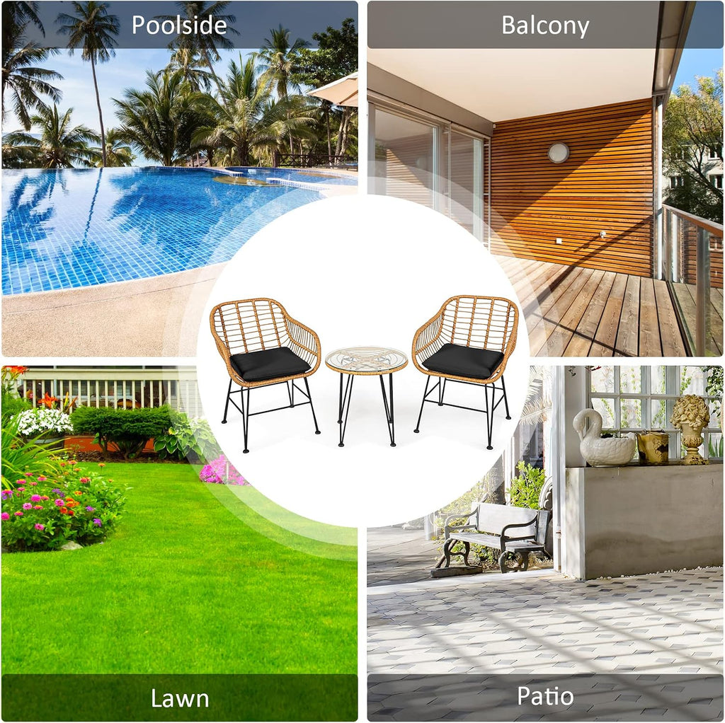 Tangkula 3 Pieces Patio Bistro Set, Rattan Conversation Set with 2 Cushioned Armchairs & Round Glass Coffee Table, Indoor Outdoor Wicker Furniture Set for Balcony, Backyard, Garden, Poolside