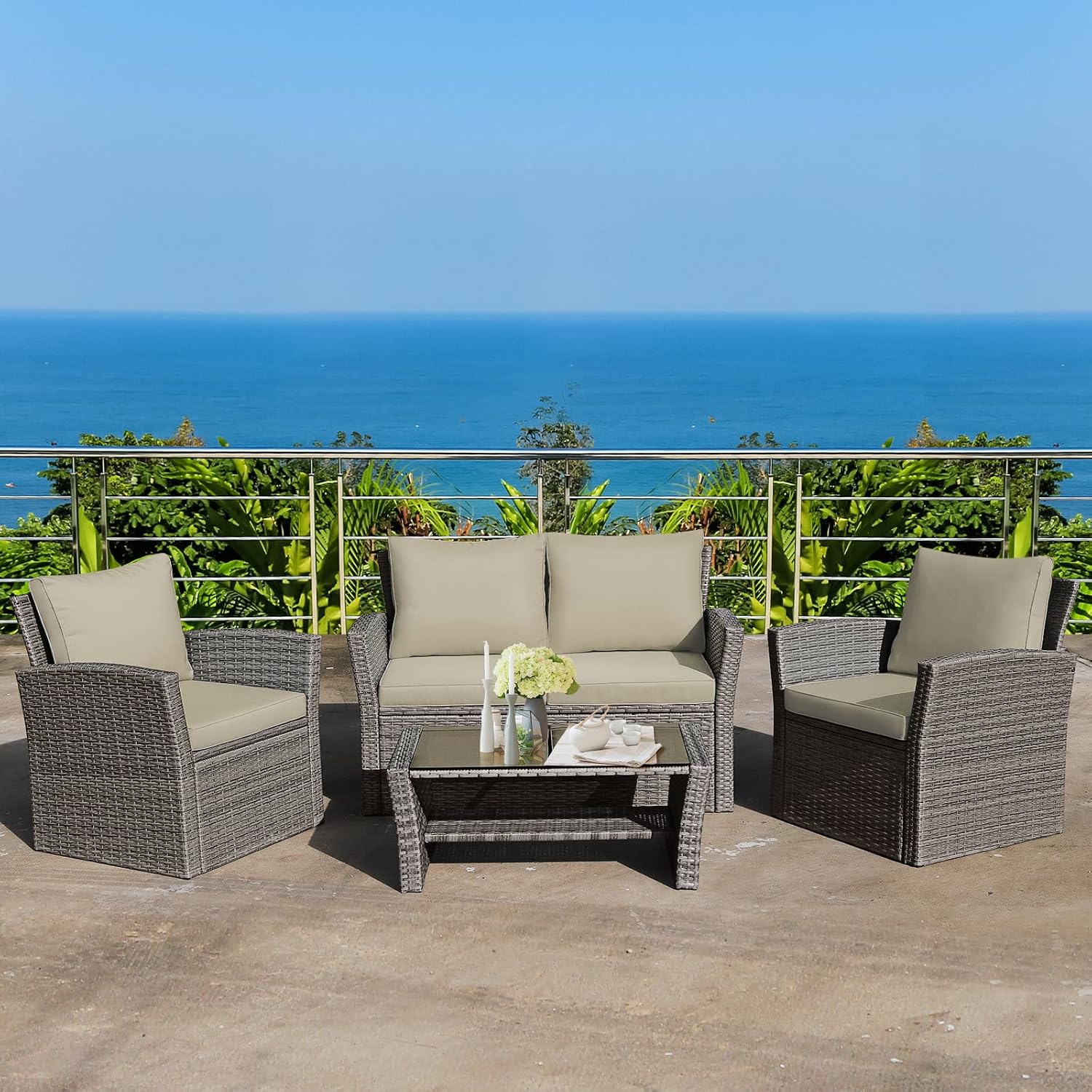 COSTWAY 4 Pieces Patio Rattan Furniture Set, Outdoor Wicker Sofa Set with Tempered Glass Coffee Table, Cushions, All Weather Rattan Conversation Set for Yard Balcony Backyard Pool (Khaki)