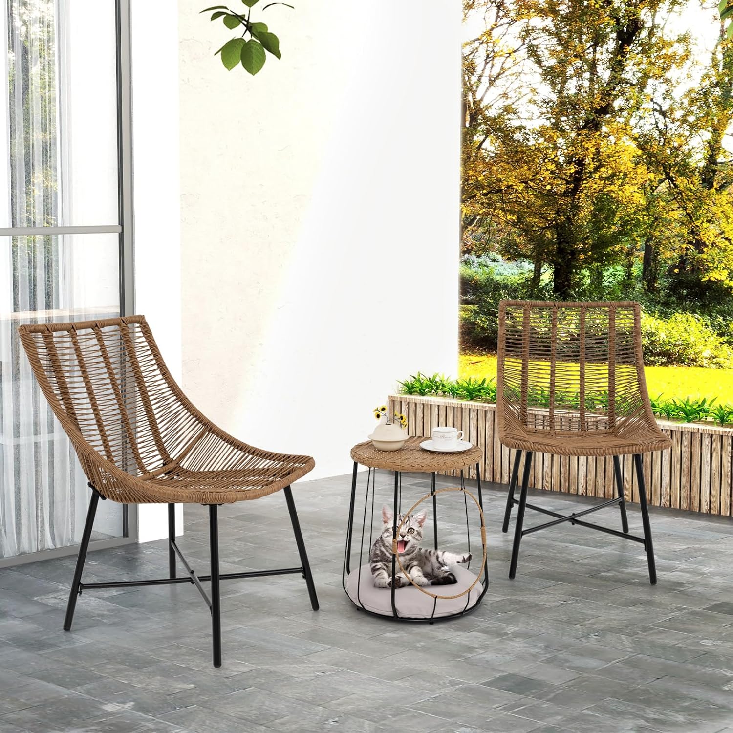 Tangkula 3 Pieces Outdoor Furniture Set with Pet House, Heavy Duty Metal Frame Patio Armless Chairs with Coffee Table, for Patio, Yard, Poolside, Garden (Light Brown)